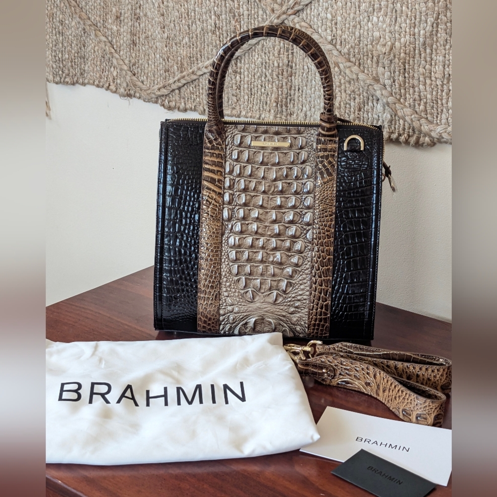 Brahmin Black and Taupe Croc-Embossed Satchel